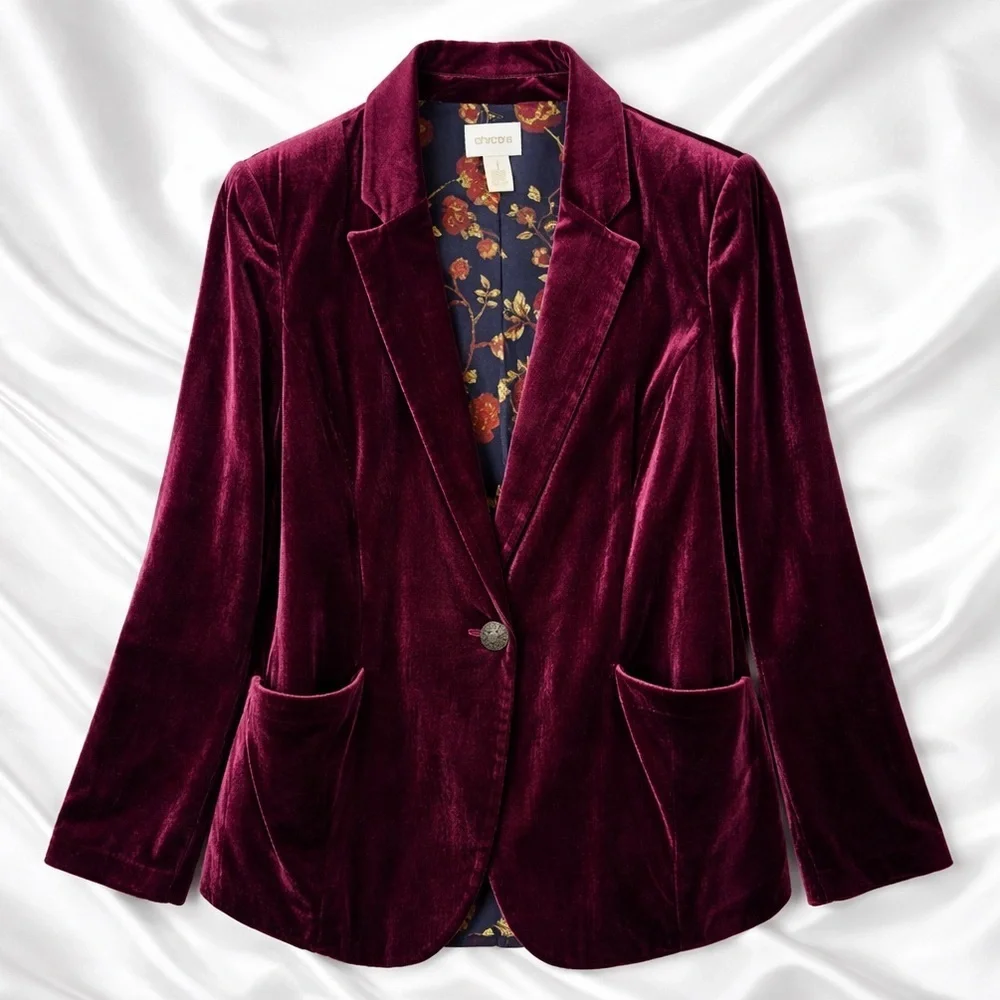 Chico’s Velvet Blazer Size M Wine Plum Burgundy Floral Lining Holiday Party
